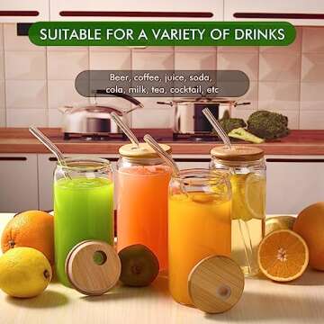 Naeety Glass Cups with Bamboo Lids and Glass Straw, Drinking Glasses Set of 4-16Oz Beer Shaped Glass Cups, Iced Coffee Glasses, Tumbler Cup for Smoothie, Cocktail, Whiskey