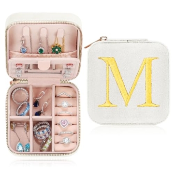 Parima Women’s Travel Jewelry Box - Personalized Velvet Case for Gifts - Letter M, White