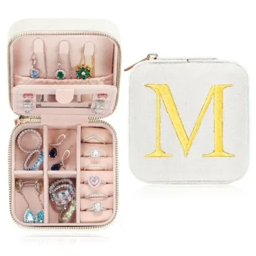 Parima Women’s Travel Jewelry Box - Personalized Velvet Case for Gifts - Letter M, White