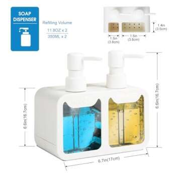 Kitchen Soap Dispenser Set, with Hand and Dish Soap, Sponge Caddy and Brush Holder 4-in-1 Kitchen Dual Soap Dispenser Set for Kitchen Sink, Bathroom - White