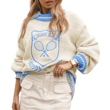 Saodimallsu Womens Oversized Chunky Sweater Crew Neck Long Sleeve Vintage Graphic Embroidered Pullover Tops Beige