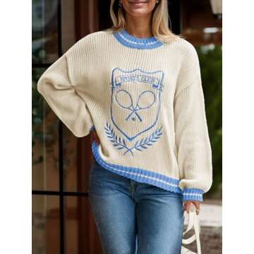 Saodimallsu Womens Oversized Chunky Sweater Crew Neck Long Sleeve Vintage Graphic Embroidered Pullover Tops Beige