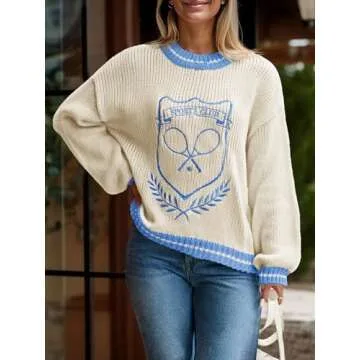 Saodimallsu Womens Oversized Chunky Sweater Crew Neck Long Sleeve Vintage Graphic Embroidered Pullover Tops Beige