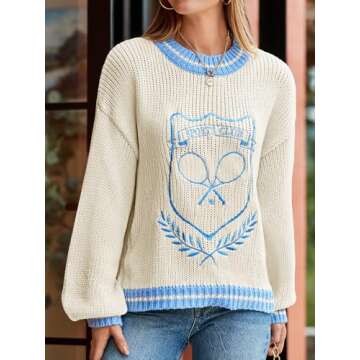 Saodimallsu Womens Oversized Chunky Sweater Crew Neck Long Sleeve Vintage Graphic Embroidered Pullover Tops Beige