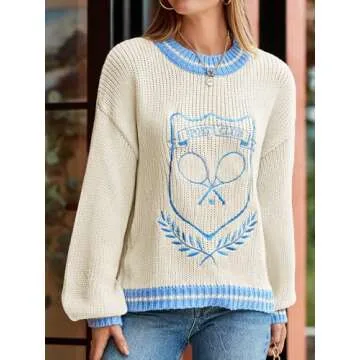 Saodimallsu Womens Oversized Chunky Sweater Crew Neck Long Sleeve Vintage Graphic Embroidered Pullover Tops Beige