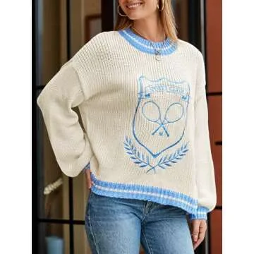 Saodimallsu Womens Oversized Chunky Sweater Crew Neck Long Sleeve Vintage Graphic Embroidered Pullover Tops Beige