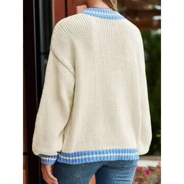 Saodimallsu Womens Oversized Chunky Sweater Crew Neck Long Sleeve Vintage Graphic Embroidered Pullover Tops Beige