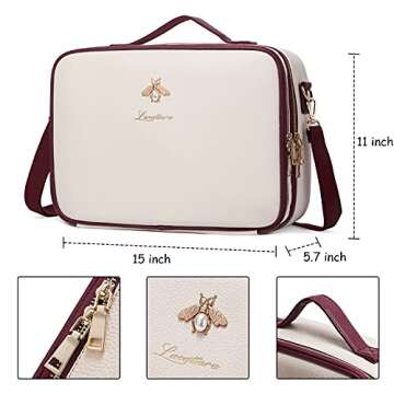 LACATTURA Travel Makeup bag, Leather Makeup Train Case Cosmetic Organizer for Makeup Brushes Toiletry Digital Accessories, Portable Artist Storage Bag With Shoulder Strap for Women lady White, Large