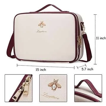 LACATTURA Travel Makeup bag, Leather Makeup Train Case Cosmetic Organizer for Makeup Brushes Toiletry Digital Accessories, Portable Artist Storage Bag With Shoulder Strap for Women lady White, Large