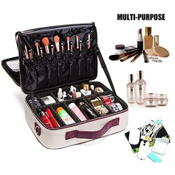 LACATTURA Travel Makeup bag, Leather Makeup Train Case Cosmetic Organizer for Makeup Brushes Toiletry Digital Accessories, Portable Artist Storage Bag With Shoulder Strap for Women lady White, Large