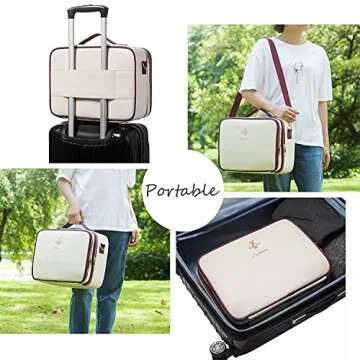 LACATTURA Travel Makeup bag, Leather Makeup Train Case Cosmetic Organizer for Makeup Brushes Toiletry Digital Accessories, Portable Artist Storage Bag With Shoulder Strap for Women lady White, Large