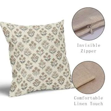 Brown Grey Gray Floral Block Print Pillow Covers 20x20 Inch Set of 2, Vintage Flower Pattern Decorative Throw Pillowcases Outdoor Farmhouse Cushion Covers Spring Summer Rustic Sofa Couch Bed Decor
