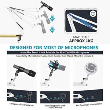 NEEWER Adjustable Microphone Suspension Boom Scissor Arm Stand, Max Load 1 KG Mic Stand for Radio Broadcasting, Voice-Over, Stage and TV Stations, Compatible with Blue Yeti Snowball Yeti X,etc (White)