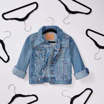 Amazon Basics Kids Velvet, Non-Slip Clothes Hangers for Infant and Toddler, 11.6 Inches (for baby clothes), Pack of 50, Black