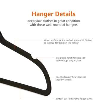 Amazon Basics Kids Velvet, Non-Slip Clothes Hangers for Infant and Toddler, 11.6 Inches (for baby clothes), Pack of 50, Black