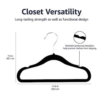 Amazon Basics Kids Velvet, Non-Slip Clothes Hangers for Infant and Toddler, 11.6 Inches (for baby clothes), Pack of 50, Black