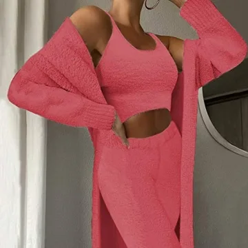 VamJump Womens Cozy 3 Piece Fleece Lounge Set  Pink
