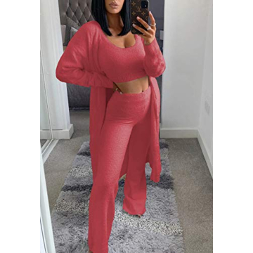 VamJump Womens Cozy 3 Piece Fleece Lounge Set  Pink