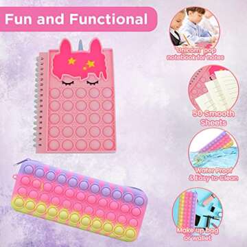 Pop Fidget Backpack for Girls with Pop It Notebook, Pencil Case, Keychain - Pop It Purse Set - Fidget Toy Bag - Pop School Supplies - Pop Its Party Favor - Unicorn Birthday Gift