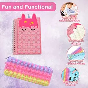 Pop Fidget Backpack for Girls with Pop It Notebook, Pencil Case, Keychain - Pop It Purse Set - Fidget Toy Bag - Pop School Supplies - Pop Its Party Favor - Unicorn Birthday Gift