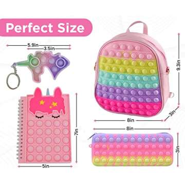 Pop Fidget Backpack for Girls with Pop It Notebook, Pencil Case, Keychain - Pop It Purse Set - Fidget Toy Bag - Pop School Supplies - Pop Its Party Favor - Unicorn Birthday Gift
