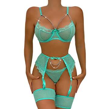BSJYIFAN Garter Lingerie for Women,Sexy Lace Lingerie,Fishnet Matching 4 Piece Lingerie Set (Green, Large)