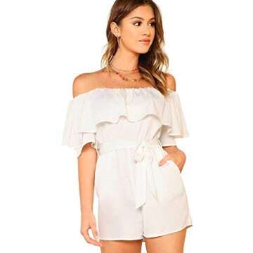 Romwe Women's Ruffle Off Shoulder Belted Romper White L