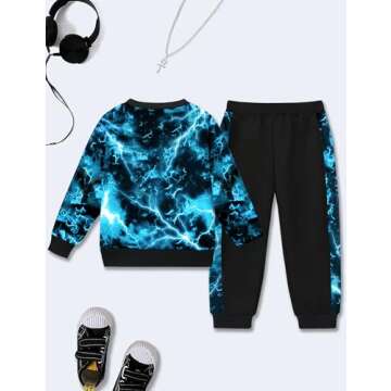 ADIRUN Toddler Boy Clothes 3t Boy Clothes 4t Boys Clothes Cool Lightning Letter Print Long Sleeve Sweatshirt Patchwork Pants 2Pcs Set Toddler Boy Fall Outfits Winter Clothes Black Sky Blue