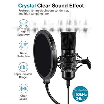 InnoGear USB Microphone, 192KHZ/24BIT Plug & Play PC Computer Professional Cardioid Mic for Mac Windows Vista, 7, 8.1, or 10 System with Mic Stand Shock Mount Pop Filter USB Cable