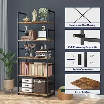 NUMENN 5 Tier Bookshelf, Set of 2 Tall Bookcase Shelf Storage Organizer, Modern Book Shelf for Bedroom, Living Room and Home Office, Vintage