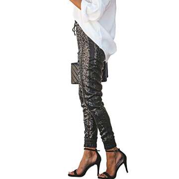 ALLUMK Womens Spakle Sequin Punk Style Crop Jogger Pants with Drawstring XXL Black