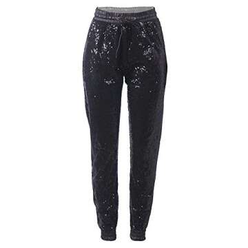 ALLUMK Womens Spakle Sequin Punk Style Crop Jogger Pants with Drawstring XXL Black