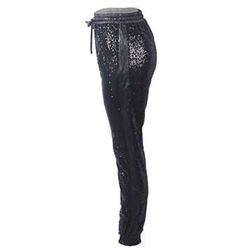 ALLUMK Womens Spakle Sequin Punk Style Crop Jogger Pants with Drawstring XXL Black