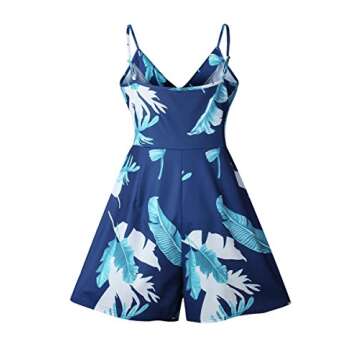 Angashion Women's Sexy V Neck Printed Spaghetti Strap Beach Romper Shorts Jumpsuit ,Blue,Large