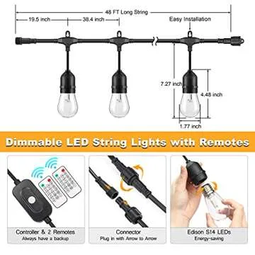 Mlambert 3 Color Outdoor LED Dimmable String Lights for Patio with Remote, Plug in 48FT Waterproof Shatterproof Edison Bulb Lights for Bistro Pergola