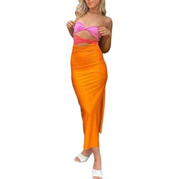 Women's Off Shoulder Sleeveless Cross Cutout Bodycon Elegant Knit Long Dress Backless Split Slim Fit Club Maxi Dress (Orange, Medium)
