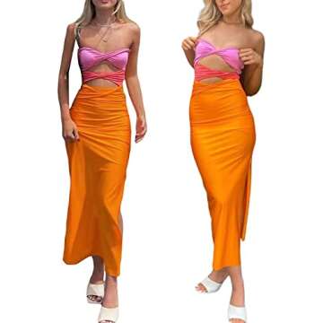 Women's Off Shoulder Sleeveless Cross Cutout Bodycon Elegant Knit Long Dress Backless Split Slim Fit Club Maxi Dress (Orange, Medium)