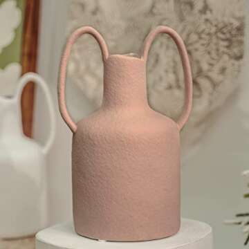 Mowtanco Ceramic Vases for Home Decor, Pink Modern Flowers Vases, with Two Ear Handles, Bubble Glaze Material, Living Room/Office/Centerpiece/Wedding Decorative