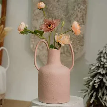 Mowtanco Ceramic Vases for Home Decor, Pink Modern Flowers Vases, with Two Ear Handles, Bubble Glaze Material, Living Room/Office/Centerpiece/Wedding Decorative