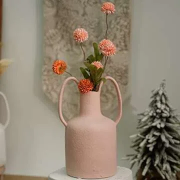 Mowtanco Ceramic Vases for Home Decor, Pink Modern Flowers Vases, with Two Ear Handles, Bubble Glaze Material, Living Room/Office/Centerpiece/Wedding Decorative