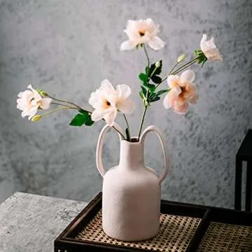 Mowtanco Ceramic Vases for Home Decor, Pink Modern Flowers Vases, with Two Ear Handles, Bubble Glaze Material, Living Room/Office/Centerpiece/Wedding Decorative