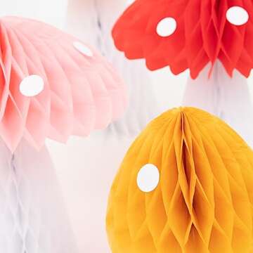 Meri Meri Honeycomb Mushroom Decorations (Pack of 10), Great Whimsical Decor for a Fairy Party, Mushroom Party Decorations, and More