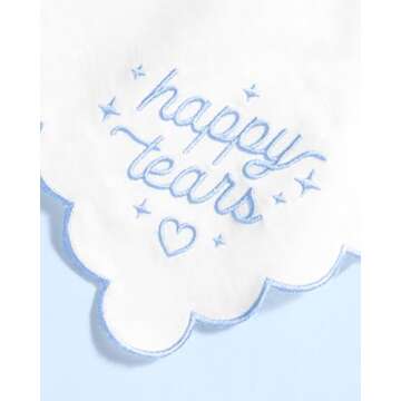xo, Fetti White Happy Tears Embroidered Handkerchief | 10"x10" | Wedding Party Accessory, Bridesmaid...