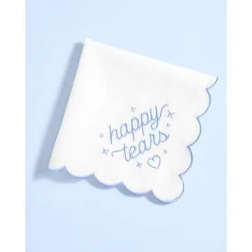 xo, Fetti White Happy Tears Embroidered Handkerchief | 10"x10" | Wedding Party Accessory, Bridesmaid Gift, Bridal Tissue, Napkin, Embroidered Something Blue Kleenex