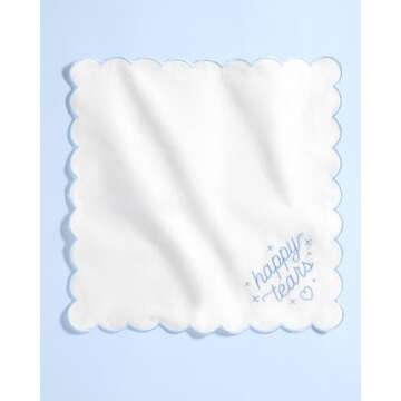 xo, Fetti White Happy Tears Embroidered Handkerchief | 10"x10" | Wedding Party Accessory, Bridesmaid Gift, Bridal Tissue, Napkin, Embroidered Something Blue Kleenex