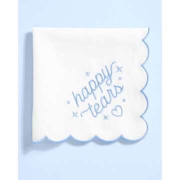 xo, Fetti White Happy Tears Embroidered Handkerchief | 10"x10" | Wedding Party Accessory, Bridesmaid Gift, Bridal Tissue, Napkin, Embroidered Something Blue Kleenex