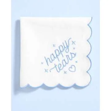 xo, Fetti White Happy Tears Embroidered Handkerchief | 10"x10" | Wedding Party Accessory, Bridesmaid Gift, Bridal Tissue, Napkin, Embroidered Something Blue Kleenex