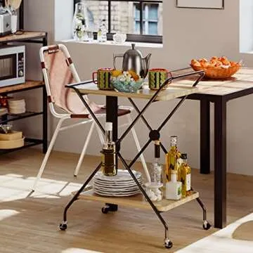 IRONCK Bar Cart,Kitchen Cart on Wheels Industrial Coffee Cart, 2 Tier Liquor cart with Wine Bottle Holders for Kitchen Living Room, Light Oak