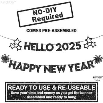 KatchOn, Glitter Black Happy New Year Banner 10 Feet, No DIY | Hello 2025 Banner for New Years Eve P...