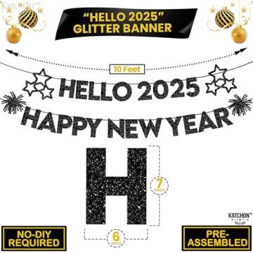 KatchOn, Glitter Black Happy New Year Banner 10 Feet, No DIY | Hello 2025 Banner for New Years Eve Party Supplies NYE Decorations